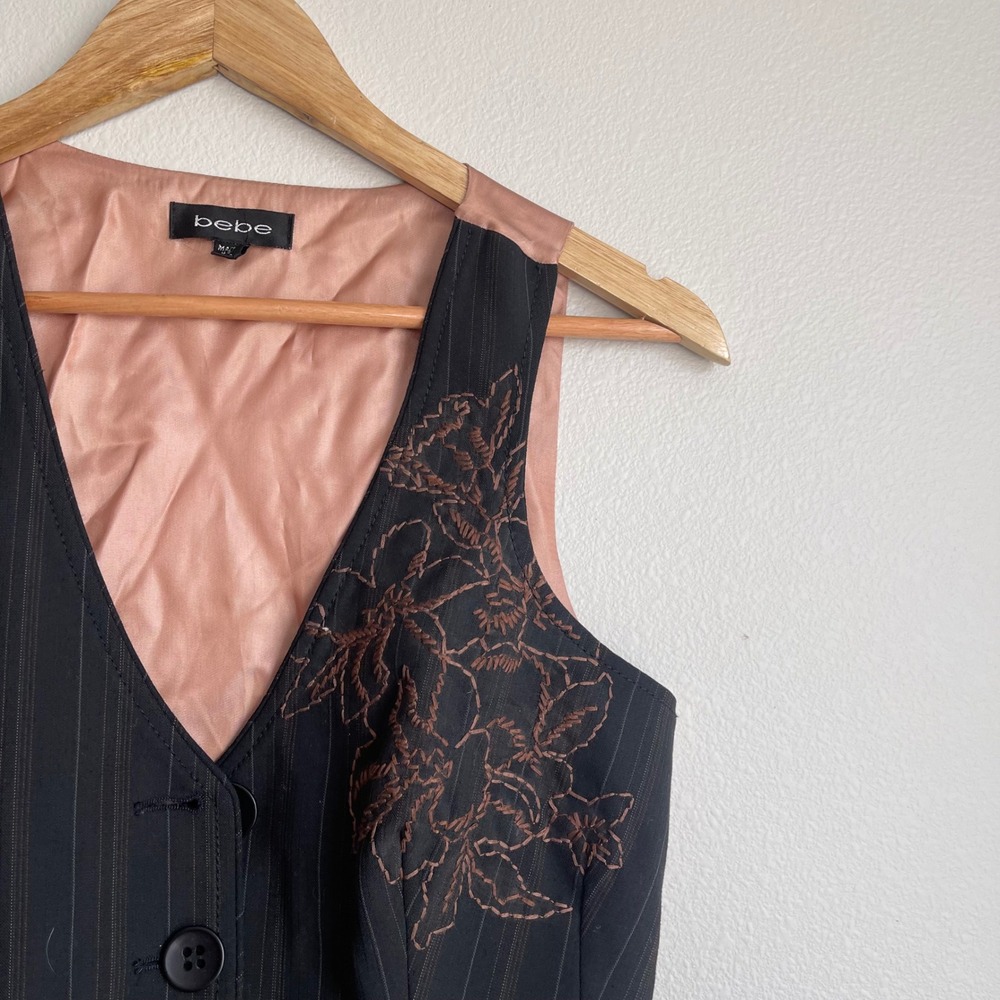 Vintage 90s Y2K Bebe Pinstripe Floral Embroidered Vest‎ - Picture 5 of 9